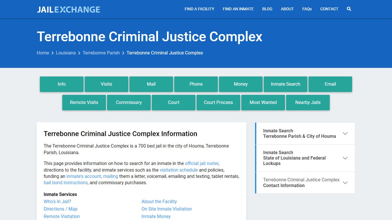 Terrebonne Criminal Justice Complex, LA Inmate Search, Information