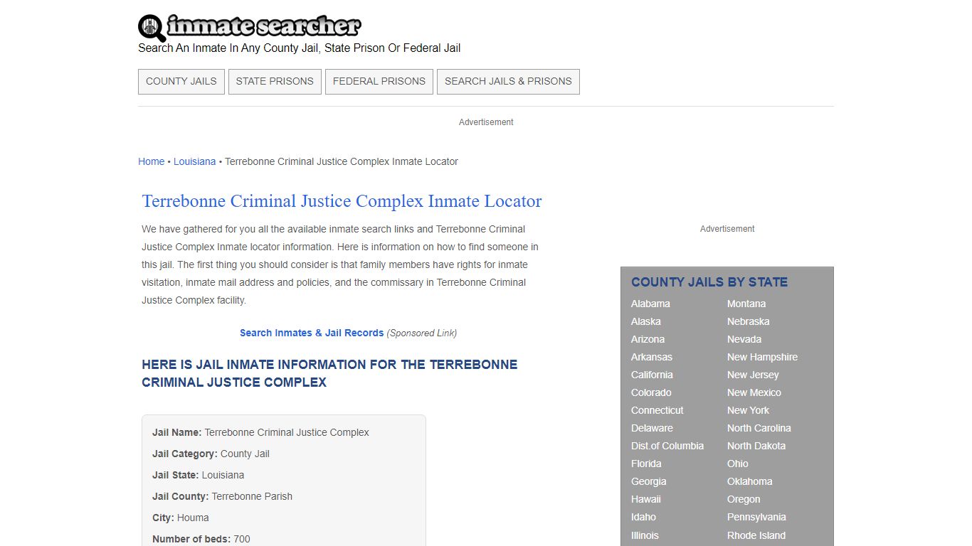 Terrebonne Criminal Justice Complex Inmate Locator - Inmate Searcher